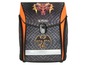 Schwarzer Berlitz Schulranzen mit orangem Rand, mit Drachen-Design.