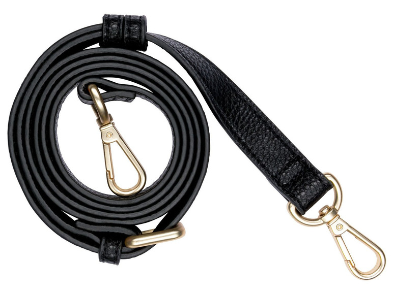 Schwarzer Ledergurt mit goldenen Schnallen.