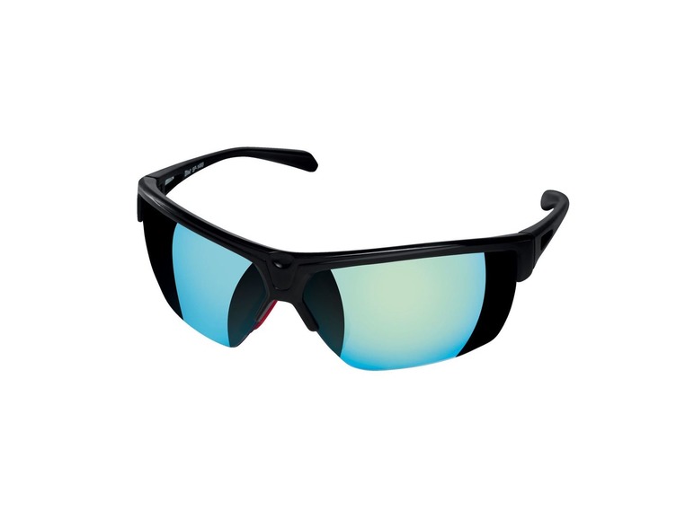 Schwarze Sonnenbrille mit blauen, verspiegelten Gläsern.