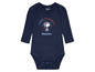 Ein dunkelblauer Baby Strampler mit langen Ärmeln mit Snoopy als Astronaut.