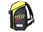 Ein schwarzer Rucksack mit gelben Akzenten und einem Rennthema.