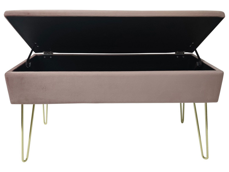 Eine rosa Samt-Aufbewahrungsbank mit goldenen Beinen.