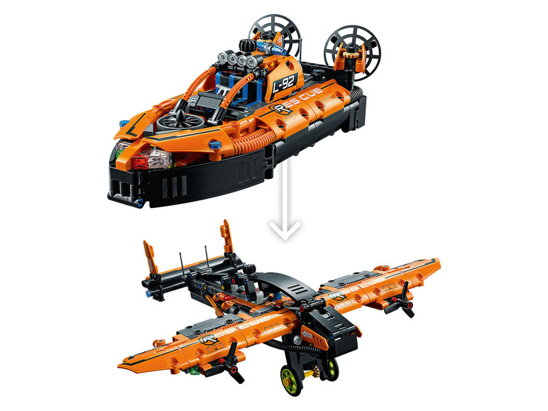 Ein orangefarbenes LEGO Technic Modell, das von einem Luftkissenboot in ein Flugzeug umgebaut werden kann.
