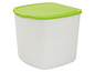Eine weiße Aufbewahrungsbox mit grünem Deckel.