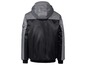 Eine schwarze und graue Arbeitsjacke mit Kapuze.