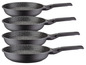 Vier schwarze Pfannen mit Marmor-Optik.