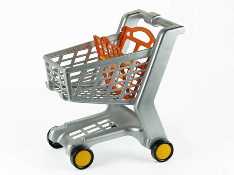 Ein silberner Spielzeug-Einkaufswagen mit orangen Körben.