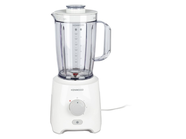 Ein weißer Kenwood-Mixer mit Glaskanne.