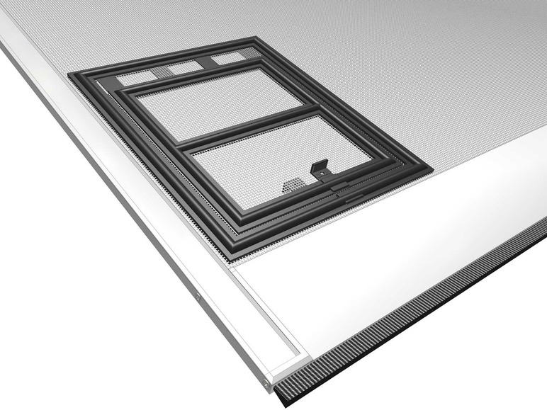 Ein schwarzes Fenster mit Fliegengitter an der Tür.