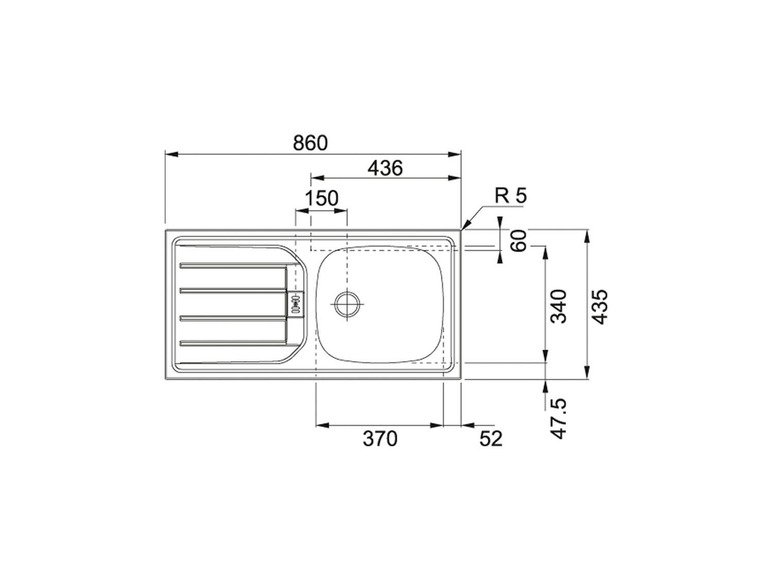 Technische Zeichnung eines Küchenspülbeckens mit Abmessungen.