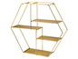 Goldfarbenes Wandregal mit vier Ablagen in Sechseckform.