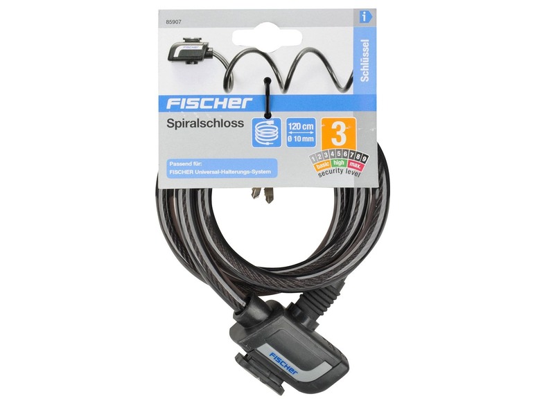 Ein schwarzes FISCHER Spiralschloss mit Sicherheitsstufe 3.