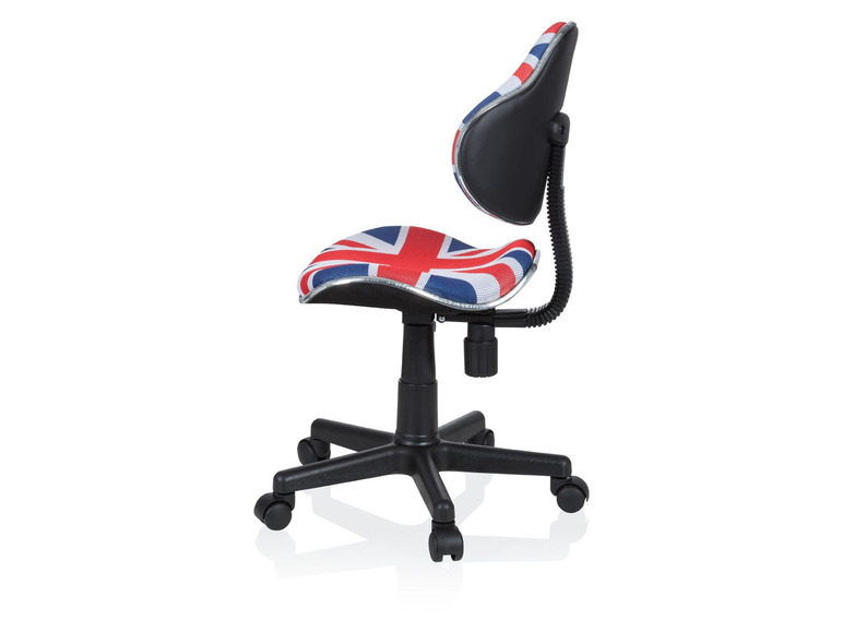 Ein schwarzer Bürostuhl mit Union Jack-Bezug.