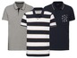 Drei Poloshirts von Livergy: grau, gestreift und mit Vogelmotiv.