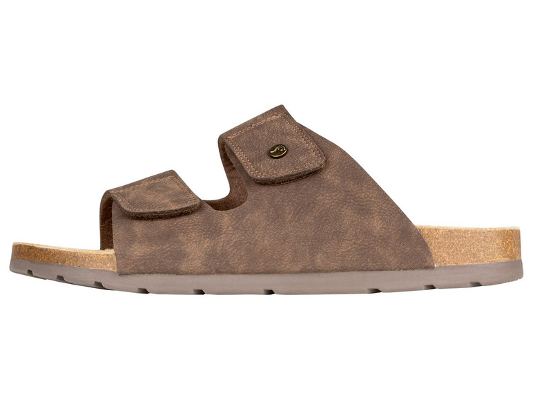 Braune Sandalen mit doppelten Riemen und Korksohle.