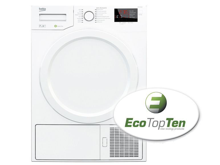 Ein weißer Beko Trockner mit EcoTopTen Logo.