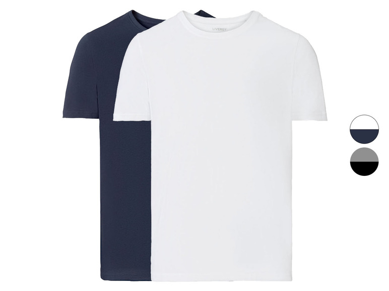 Zwei basic T-Shirts von Livergy, eines weiß und eines dunkelblau.
