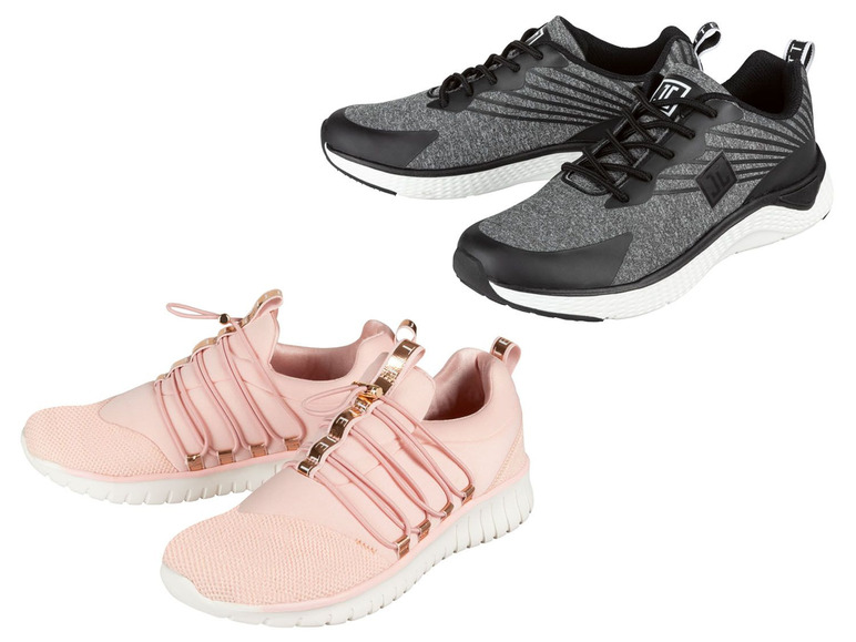 Schwarze und rosafarbene Sneakers mit Schnürsenkeln.