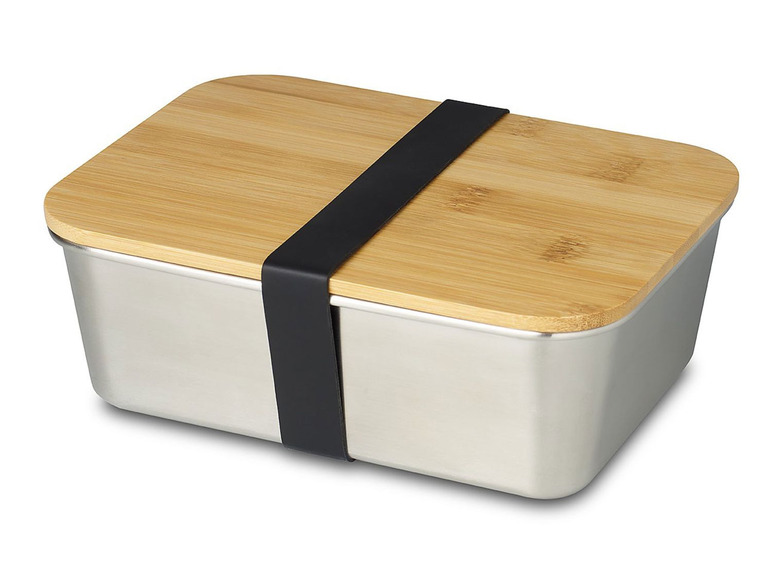 Gehe zu Vollbildansicht: ECHTWERK Praktische Lunchbox aus hochwertigem Edelstahl mit Bambusdeckel und Silikonband - Bild 1