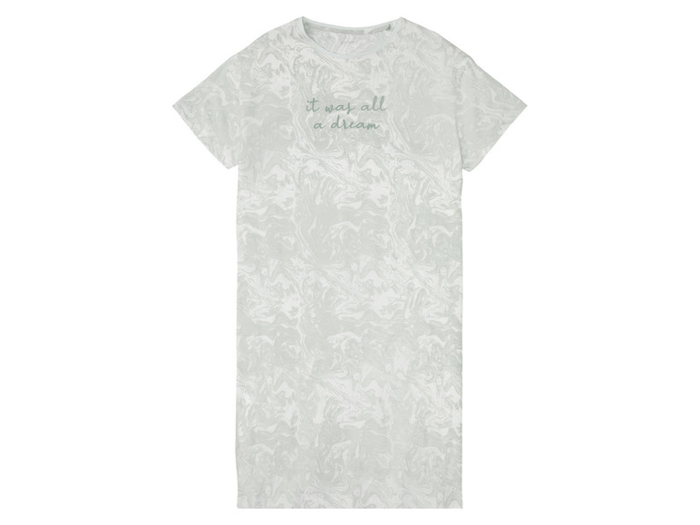 Ein hellgrünes T-Shirt-Kleid mit Marmor-Print und dem Schriftzug 'it was all a dream'.