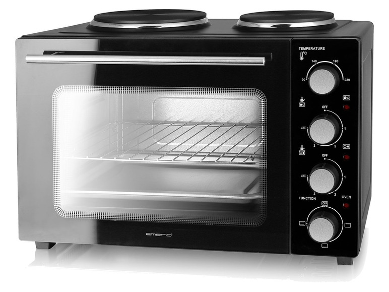Ein schwarzer Emerio Backofen mit zwei Kochplatten.