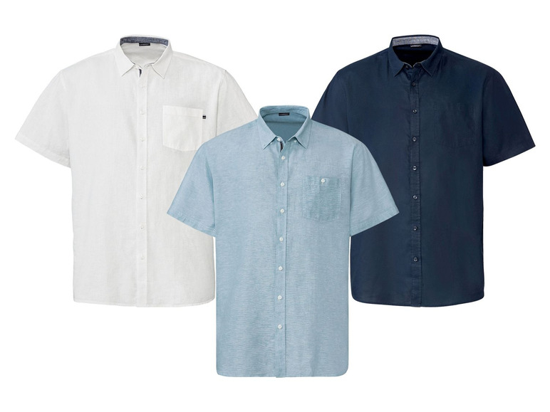 Drei Hemden mit kurzen Ärmeln: weiß, hellblau und dunkelblau.