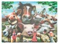Ein Puzzle mit Tierbildern, darunter ein Pferd, eine Kuh, ein Esel und ein Schwein.