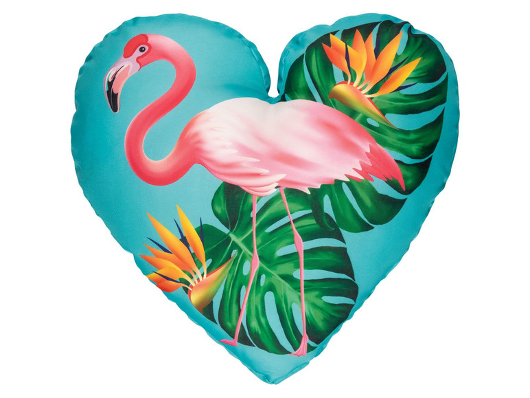 Ein rosa Flamingo auf einem herzförmigen Kissen mit tropischen Blättern.