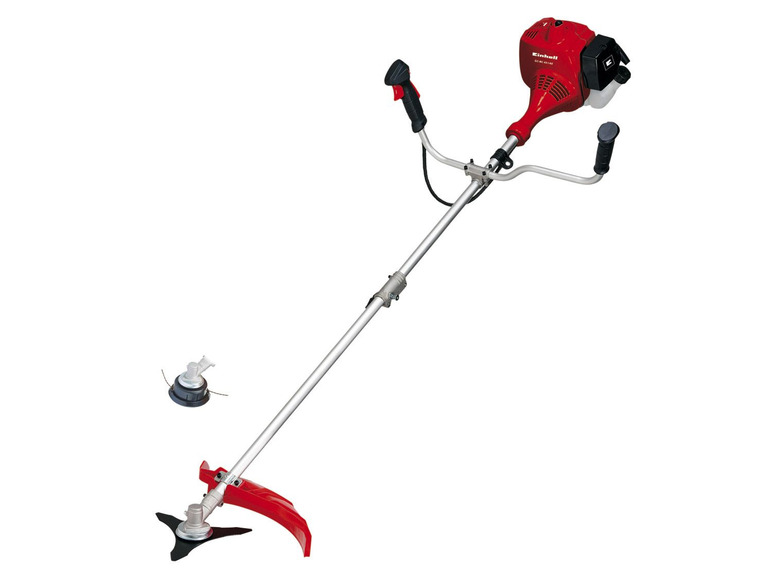 Eine Einhell Benzin-Freischneider mit Fadenkopf und Messer.