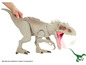 Eine große weiße Indominus Rex Dinosaurier Spielfigur mit einem kleineren grünen Dinosaurier.