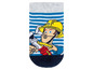 Socken mit Streifen und einem Bild von Feuerwehrmann Sam.