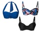 Drei Bikini-Oberteile: ein blaues Halstuch, ein schwarzes mit Blumendruck und ein schwarzes Bandeau.