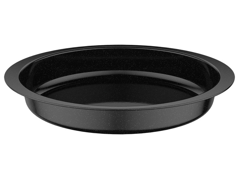 Eine runde, schwarze Backform.