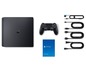 Eine PlayStation 4 Konsole mit Controller, Kabeln und Handbuch.