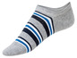 Graue Socken mit blauen und weißen Streifen.