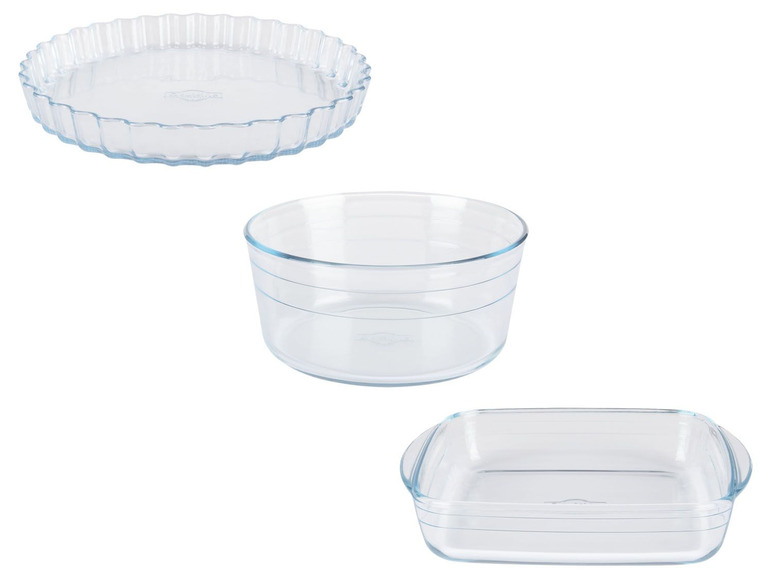 Drei gläserne Backformen: eine runde Tortenform, eine runde Auflaufform und eine rechteckige Auflaufform.