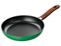 Eine grüne Bratpfanne mit einem Holzgriff.