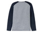 Graues Langarmshirt mit blauen Raglanärmeln.