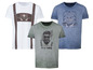 Drei T-Shirts mit Oktoberfest-Motiv: eins mit Lederhosen, eins mit einem Bierkrug und eins mit einem Hipster mit Bart.