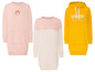 Drei Sweatshirts mit langen Ärmeln, eines mit Regenbogen-Print, eines mit 'sunshine' Schriftzug und eines in Rosa und Weiß.
