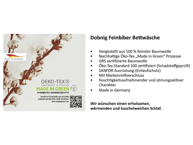 Weiche, Bio-Baumwolle Bettwäsche von Dobnig, zertifiziert mit Oeko-Tex Standard 100 und Made in Green.