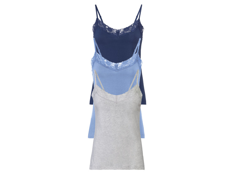Drei Damen-Tanktops: dunkelblau, hellblau und grau.