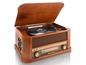 Ein Retro-Plattenspieler aus Holz mit Radio und CD-Player.
