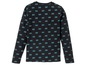 Schwarzes Langarmshirt mit blauem geometrischem Muster.