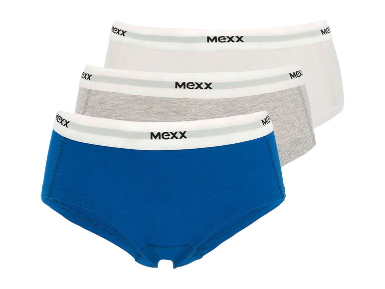 Drei Paar MeXX Damen-Slips in Weiß, Grau und Blau.