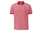Ein rotes Poloshirt mit weißem und blauem Kragen und einem kleinen Segelbootlogo.