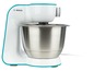 Eine weiße Bosch Küchenmaschine mit einer Edelstahlschüssel.