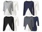 Vier Sets mit Schwangerschafts- und Stillshirts, darunter ein graues, ein schwarzes, ein dunkelblaues und ein gestreiftes Shirt.