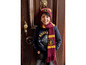 Ein Junge trägt einen dunkelblauen Pullover mit Hogwarts-Aufdruck, einen roten Schal und eine rote Mütze.
