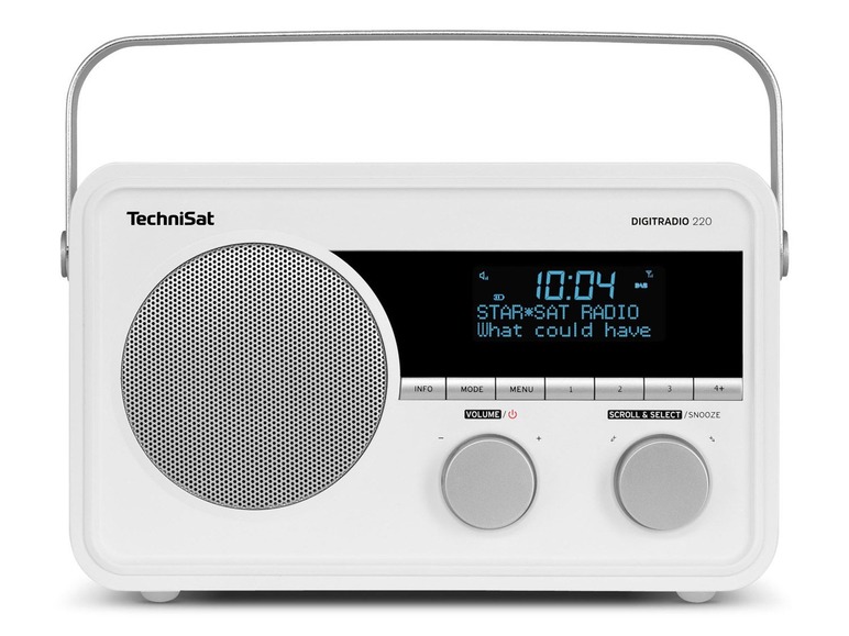 Ein weißes TechniSat Digiradio 220 mit digitalem Display.